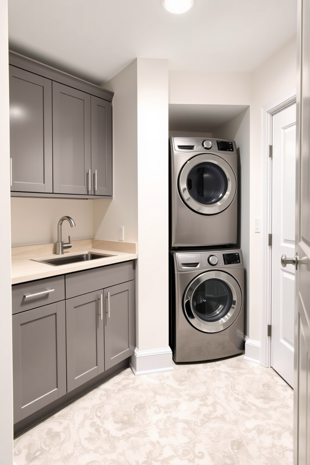 A modern basement laundry room features a utility sink for added versatility and convenience. The space is designed with sleek cabinetry in a soft gray finish, complemented by a durable countertop that provides ample workspace. The walls are painted in a bright white to enhance the natural light, while the floor is covered with easy-to-clean vinyl tiles in a subtle pattern. A stacked washer and dryer unit is neatly tucked into a corner, maximizing floor space and efficiency.