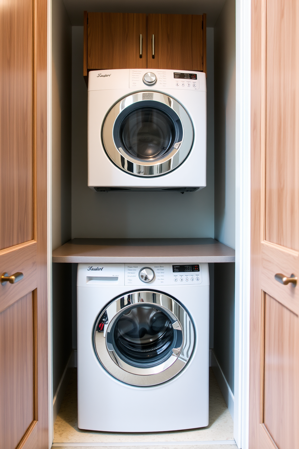 Create a compact laundry closet designed for a basement space. The closet features stacked washer and dryer units, with a sleek countertop above for folding clothes and ample storage cabinets on either side.