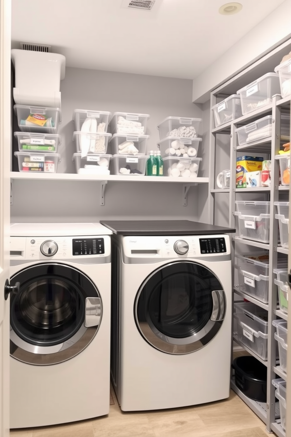 A functional basement laundry room featuring clear bins for organized storage. The space includes a modern washer and dryer set, with a folding countertop above them for convenience. The walls are painted in a light gray hue, creating a bright and airy atmosphere. Shelving units line one side of the room, filled with neatly labeled clear bins containing laundry supplies and other essentials.