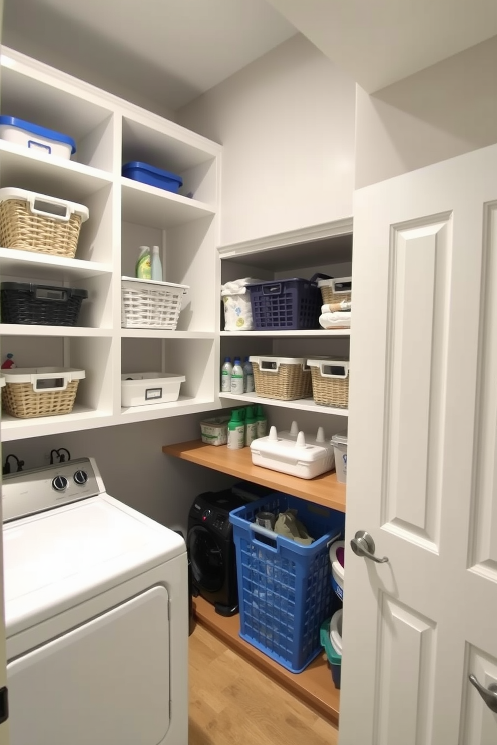 A functional basement laundry room features open shelving that provides easy access to storage. The shelves are filled with neatly organized baskets and laundry supplies, creating a tidy and efficient space.