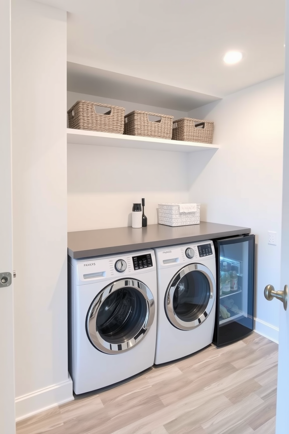 A stylish basement laundry room featuring a combination of modern and functional elements. The room includes a sleek washer and dryer set stacked for space efficiency, with a small fridge positioned conveniently to the side for easy access to refreshments. The walls are painted in a bright white to enhance the light, while the floor is covered in durable, water-resistant vinyl planks. A countertop above the washer and dryer provides ample space for folding clothes, and decorative storage baskets are neatly arranged on shelves above.