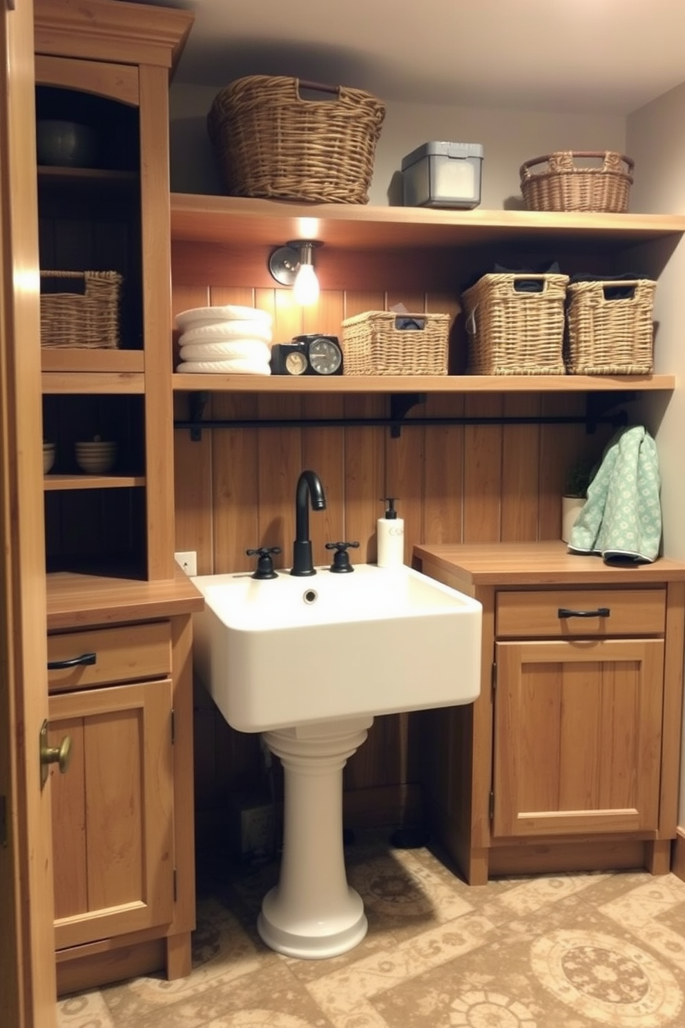 A vintage farmhouse sink serves as the focal point in a cozy basement laundry room. The sink is complemented by distressed wood cabinetry and open shelving adorned with woven baskets for storage. Soft, warm lighting creates an inviting atmosphere, highlighting the rustic charm of the space. The walls are painted in a soft cream color, and the floor features a durable, patterned tile that adds character.