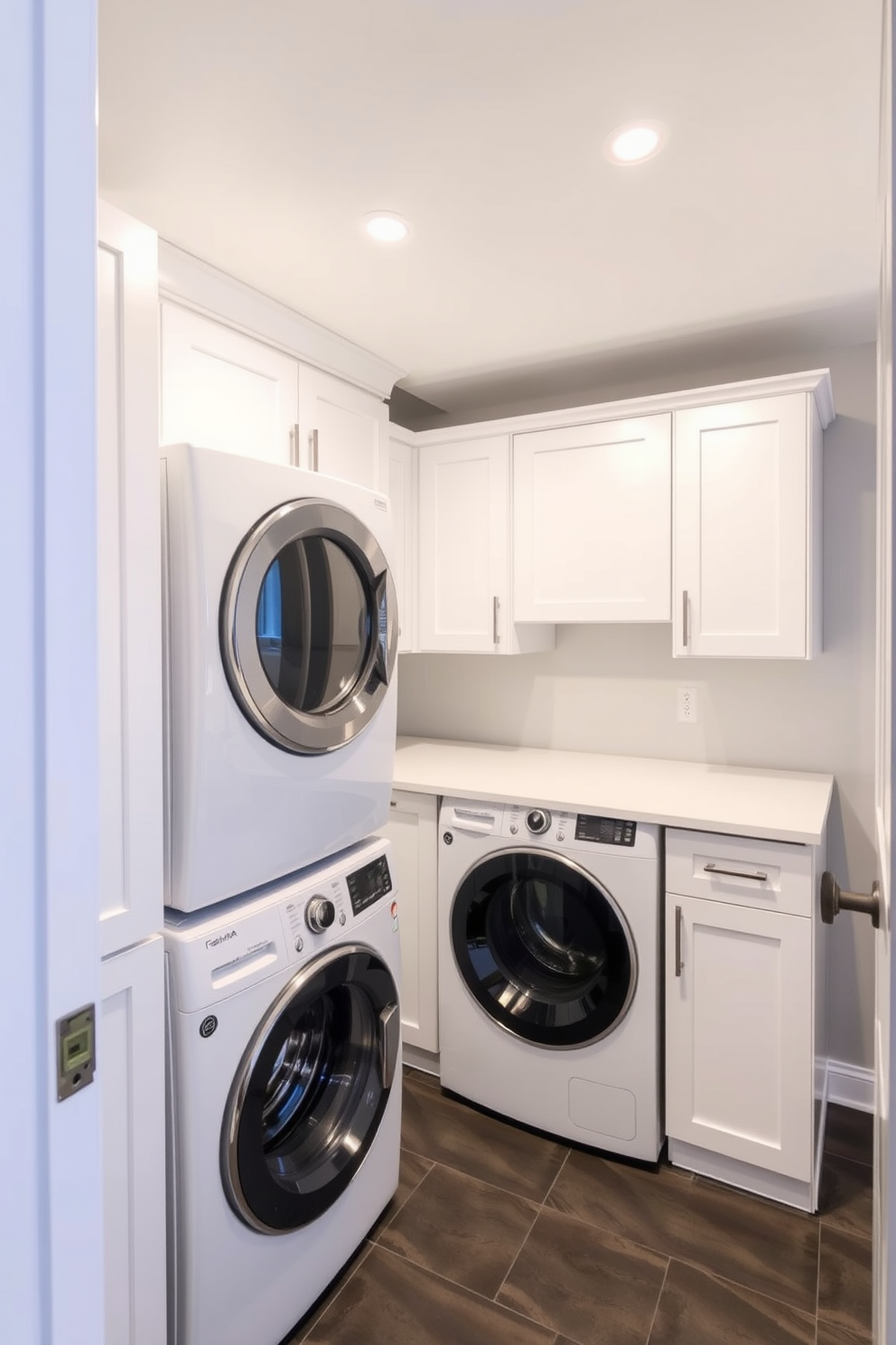 A modern basement laundry room featuring a stacked washer and dryer to maximize space efficiency. The room is illuminated by bright overhead lighting, with sleek cabinetry in a crisp white finish providing ample storage. The walls are painted in a soft gray tone, creating a clean and inviting atmosphere. A durable, water-resistant floor in a dark tile complements the design while ensuring easy maintenance.