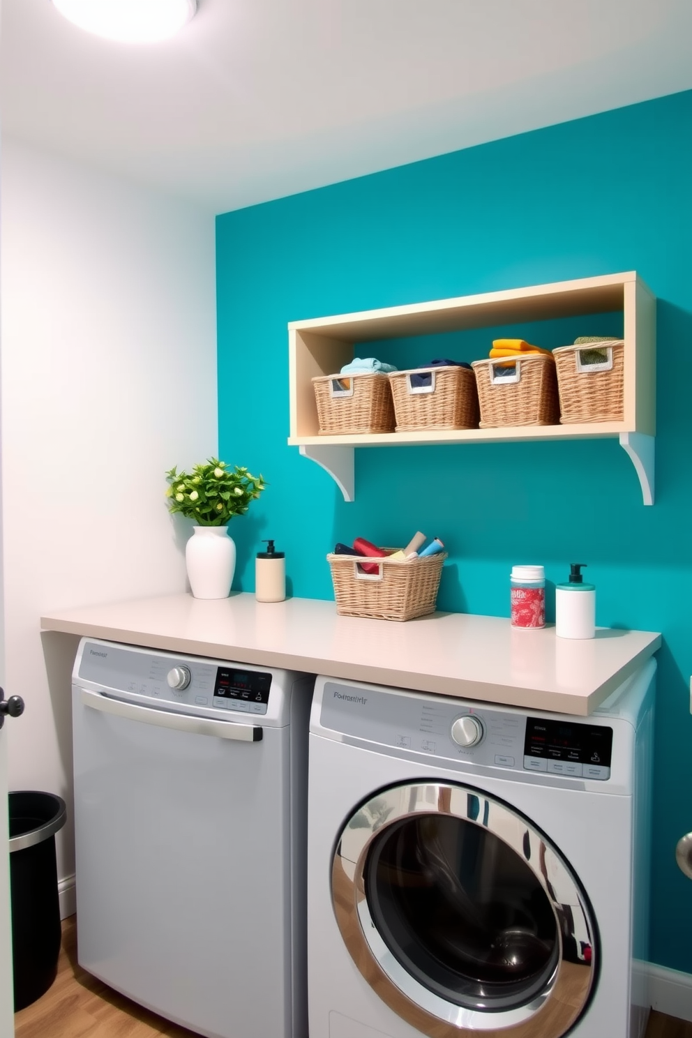 A vibrant accent wall painted in a bold teal hue serves as the focal point of the basement laundry room. The rest of the walls are a soft white, creating a fresh and inviting atmosphere. The laundry area features sleek, modern appliances with a stylish countertop for folding clothes. Open shelving above the machines displays neatly organized baskets and colorful decor items, adding a touch of personality to the space.