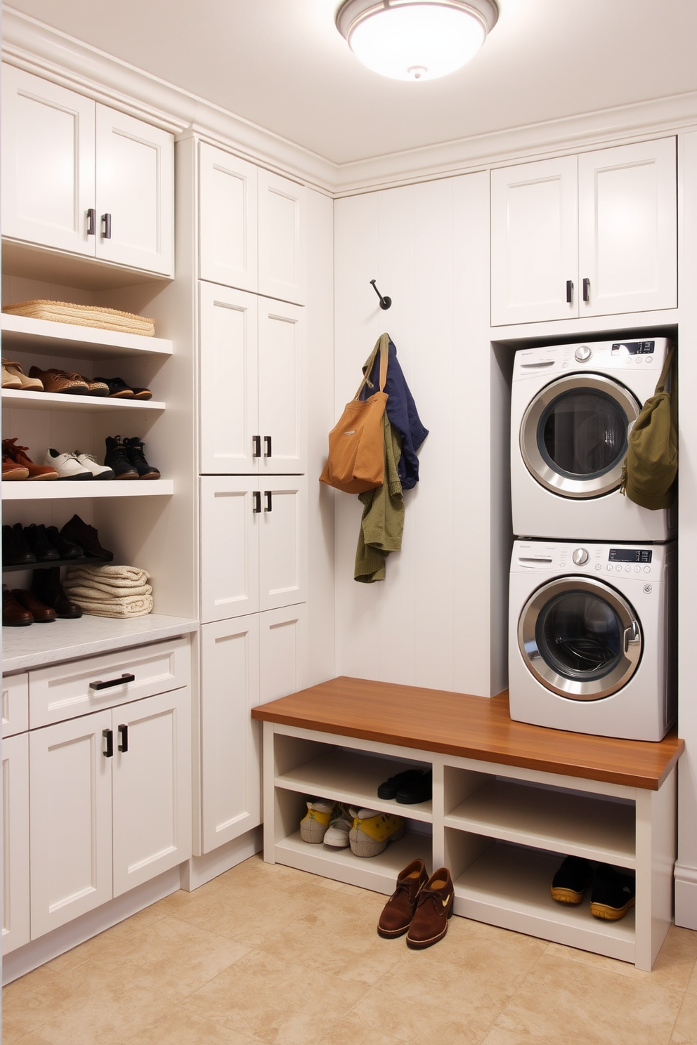 A functional mudroom laundry combo space features built-in cabinetry with ample storage for shoes and outdoor gear. The laundry area includes a stacked washer and dryer, with a countertop above for folding clothes and a deep sink for handwashing. The walls are painted in a light, airy color to create a welcoming atmosphere, while the floor is covered with durable, water-resistant tiles. A bench with cushions provides a comfortable spot to sit while removing shoes, and hooks are installed above for hanging coats and bags.