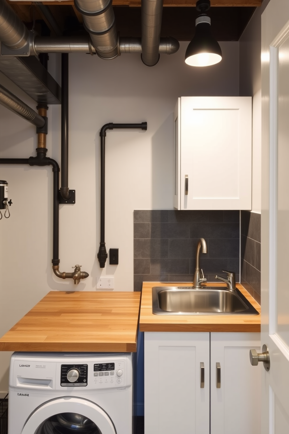 A basement laundry room featuring industrial style fixtures that blend seamlessly with modern aesthetics. The space includes exposed piping and a sleek metal sink paired with a wooden countertop, creating a functional yet stylish environment.