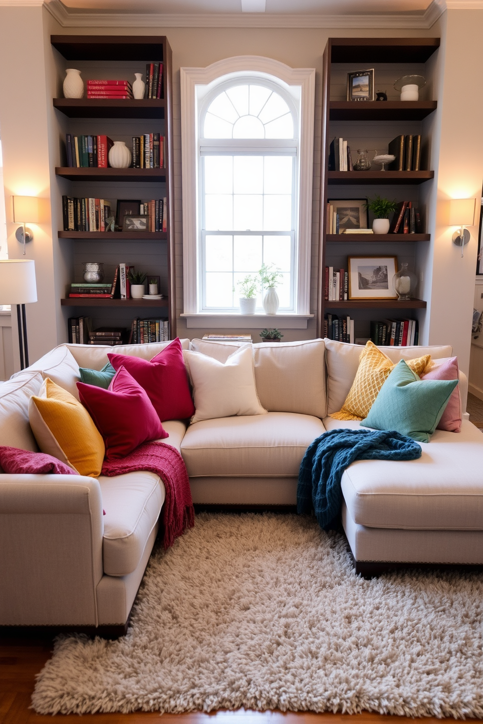 Cozy sectional with colorful throw pillows. The sectional is positioned in an inviting layout, surrounded by warm lighting and soft textures. A plush area rug anchors the space, adding warmth underfoot. Shelves filled with books and decorative items create a personal touch along the walls.