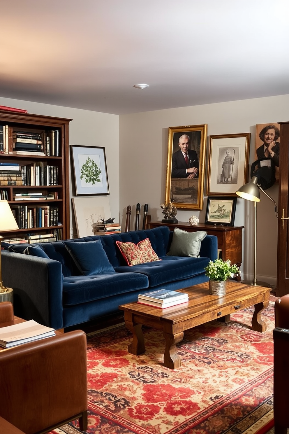 A cozy basement living room featuring vintage decor blended with modern elements. The space includes a plush velvet sofa in a deep blue hue paired with a reclaimed wood coffee table. On one wall, an antique bookshelf displays a collection of classic novels alongside contemporary art pieces. A vintage area rug anchors the seating area, while sleek floor lamps provide warm, ambient lighting.