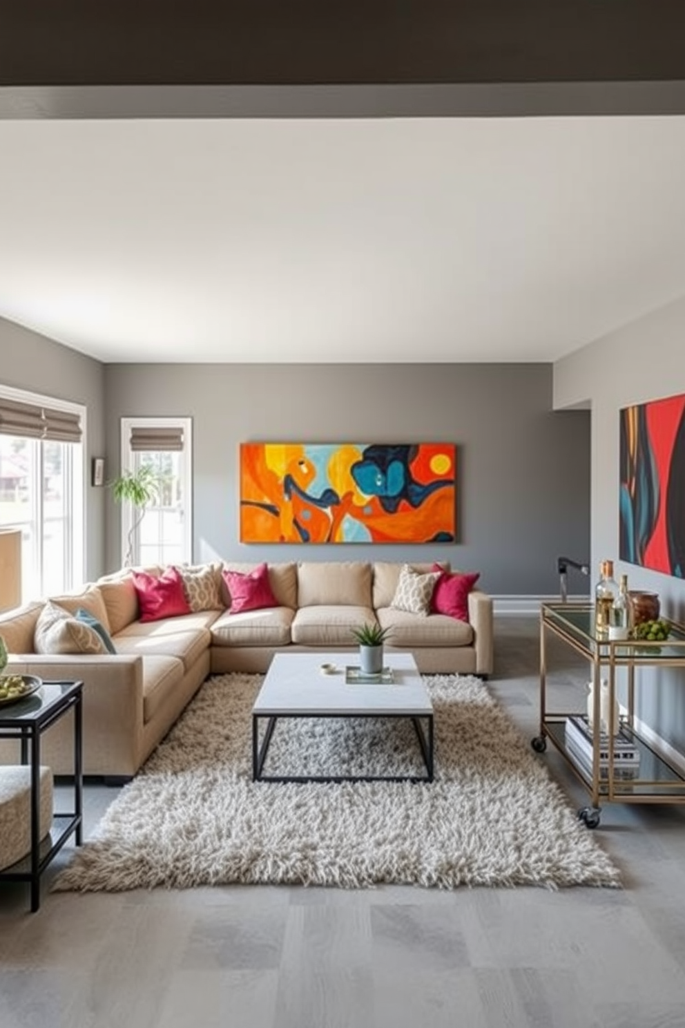 An open layout basement living room features a spacious area with large windows allowing natural light to flood in. The design includes a cozy sectional sofa in a neutral tone, complemented by colorful accent pillows and a sleek coffee table at the center. The walls are painted in a soft gray, creating a calm backdrop for vibrant artwork. A plush area rug anchors the seating area, while a stylish bar cart adds a touch of sophistication to the space.