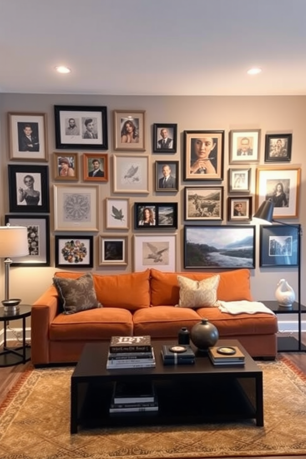 A creative wall art gallery featuring a mix of framed artworks and photographs that reflect personal style and interests. The gallery wall is arranged in a dynamic layout, showcasing various sizes and styles of frames against a neutral backdrop. The basement living room is designed with comfort in mind, featuring a plush sectional sofa in a warm tone and a cozy area rug. Soft lighting from stylish floor lamps creates an inviting atmosphere, complemented by a coffee table adorned with books and decorative accents.