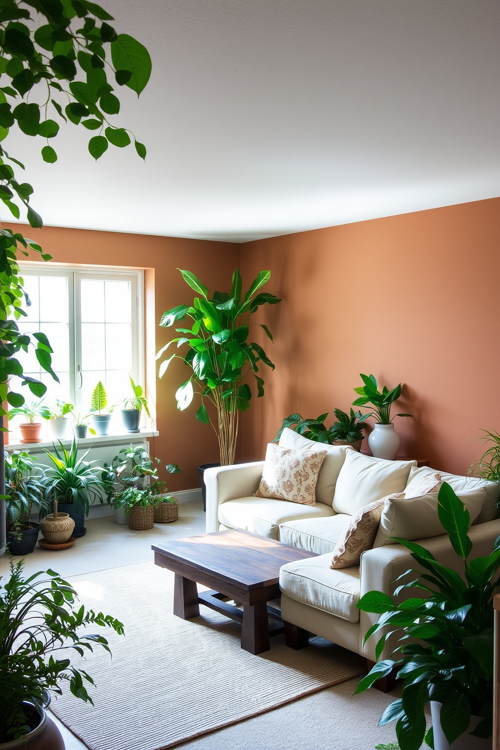 A cozy basement living room filled with natural light and vibrant indoor plants. Lush greenery in various pots is strategically placed around the space, creating a refreshing and inviting atmosphere. The seating area features a comfortable sectional sofa in soft neutral tones, complemented by a rustic wooden coffee table. A large floor plant stands in the corner, adding a touch of nature against the warm, earthy wall color.