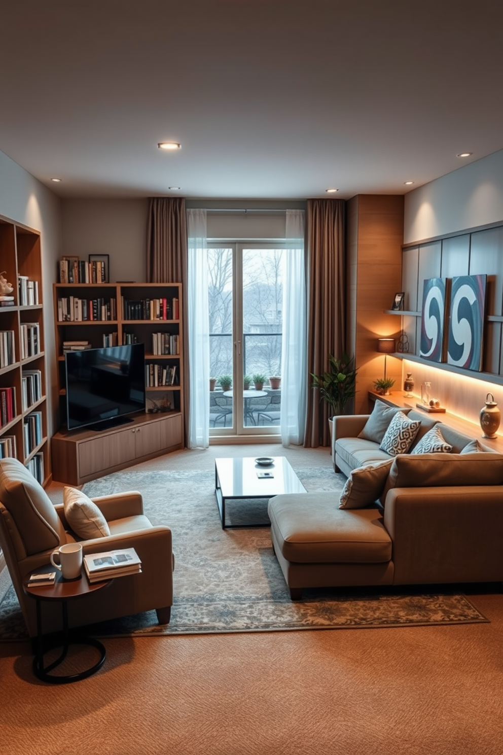 Cozy reading nook by the window. A plush armchair with soft cushions is positioned beside a large window, allowing natural light to flood the space. A small side table holds a stack of books and a steaming cup of tea. Shelves filled with books line the walls, creating an inviting atmosphere for relaxation. Basement living room design ideas. A comfortable sectional sofa is centered in the room, complemented by a sleek coffee table and a cozy area rug. Soft ambient lighting illuminates the space, while a large entertainment unit houses a television and decorative items.