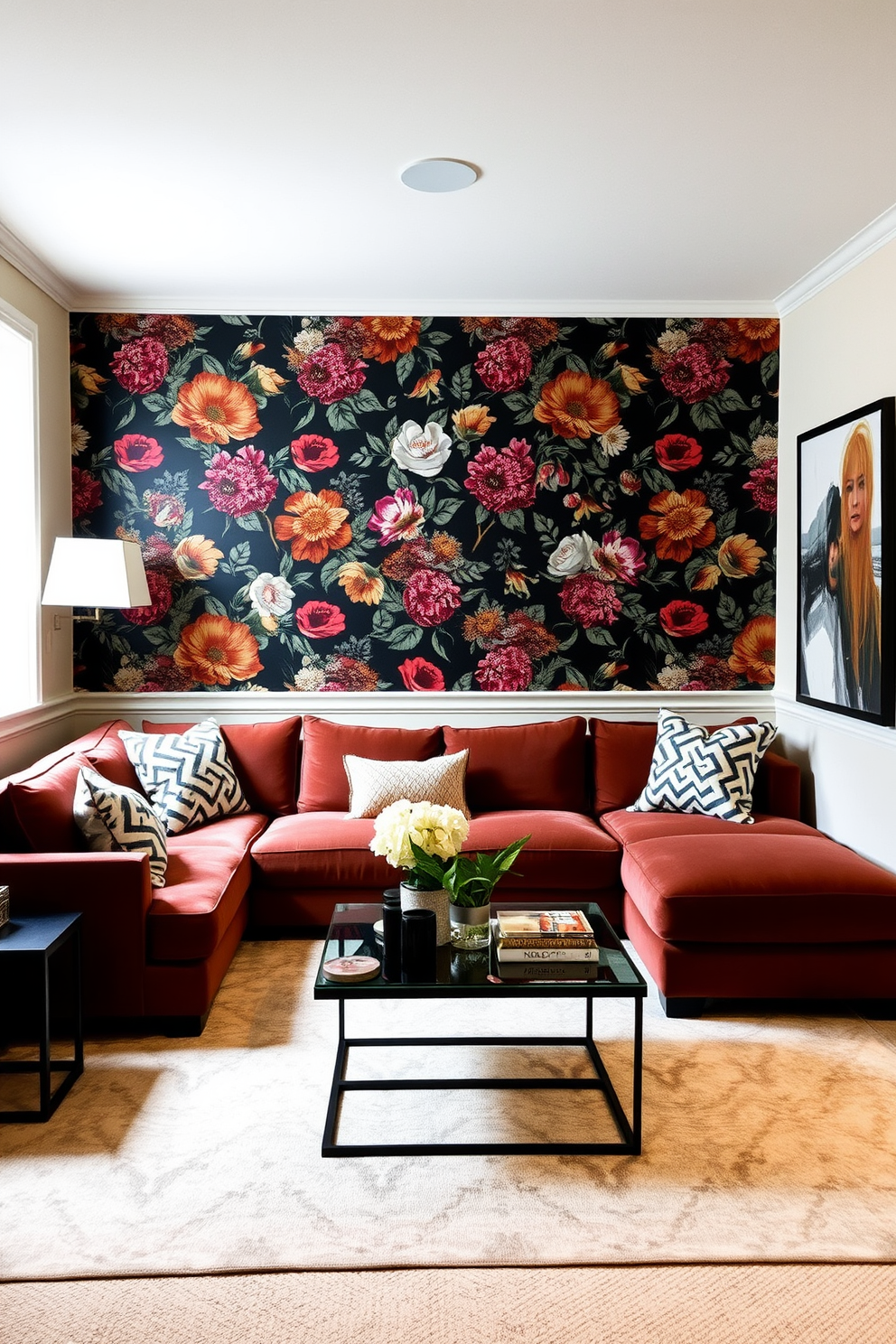 A striking accent wall features a bold floral wallpaper design that adds vibrancy to the space. The surrounding walls are painted in a soft neutral tone to create balance and highlight the wallpaper. The basement living room is designed with a cozy sectional sofa upholstered in a rich fabric. A large area rug anchors the seating area, and modern art pieces adorn the walls to enhance the aesthetic.