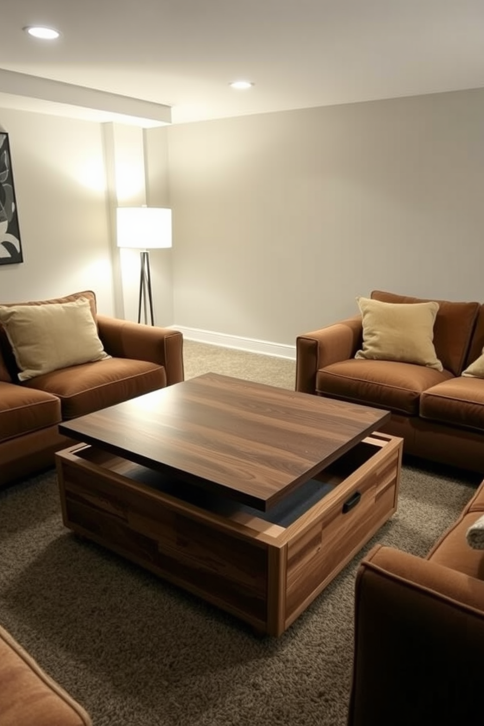 A stylish coffee table designed for a basement living room features a sleek wooden surface with integrated storage compartments. Around the table, plush seating in warm tones creates an inviting atmosphere, complemented by soft lighting from nearby floor lamps.