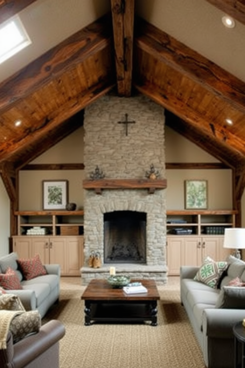 A cozy basement living room featuring rustic wood beams that stretch across the ceiling. A large stone fireplace serves as the focal point, surrounded by comfortable seating and warm textiles.