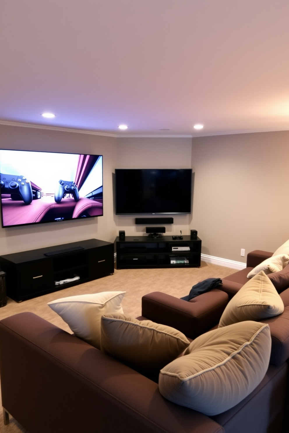 A cozy basement living room features a sleek game console setup that includes a large flat-screen TV mounted on the wall. In front of the TV, a plush sectional sofa is arranged with soft throw pillows, providing a comfortable space for gaming and relaxation.