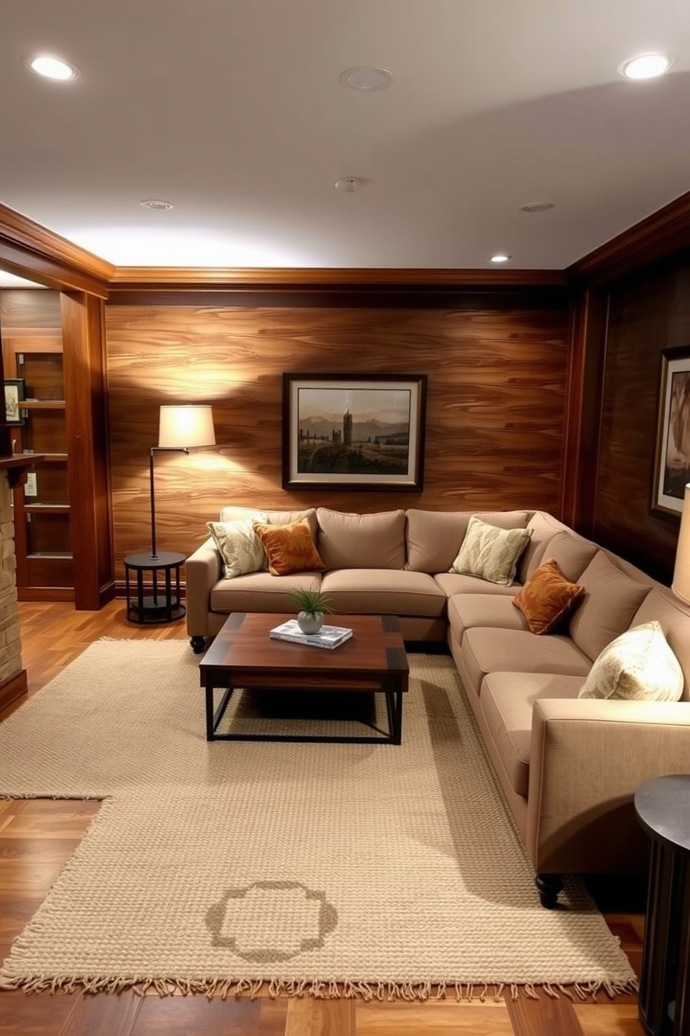 A cozy basement living room featuring warm wood tones throughout the space. The walls are clad in rich walnut paneling, and a large, plush sectional sofa in a neutral fabric invites relaxation. A wooden coffee table sits at the center, surrounded by textured area rugs that add warmth underfoot. Soft lighting from stylish floor lamps enhances the inviting atmosphere, while framed artwork in earthy tones adorns the walls.