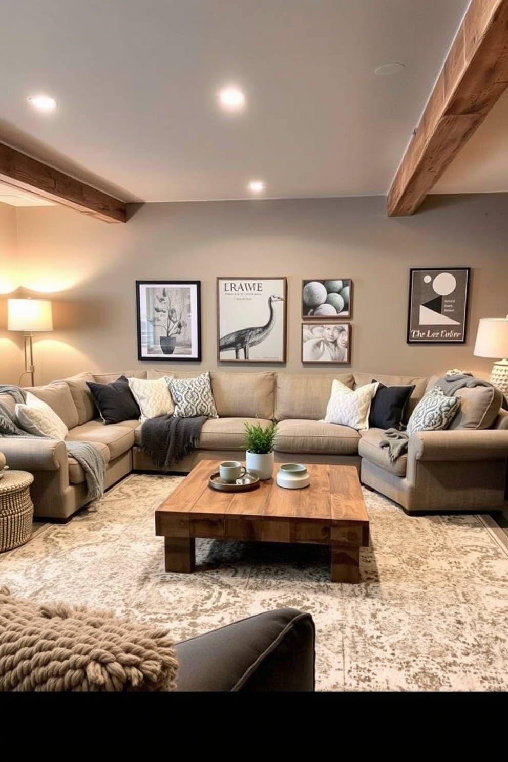 A cozy basement living room features a plush sectional sofa adorned with textured throw blankets in various shades of gray and cream. A large area rug anchors the space, complementing the warm wood tones of the exposed beams and the soft glow of strategically placed floor lamps. The walls are painted a soft taupe, creating a serene backdrop for the eclectic mix of artwork and decor. A coffee table made of reclaimed wood sits at the center, surrounded by cozy seating and inviting accents that encourage relaxation and conversation.