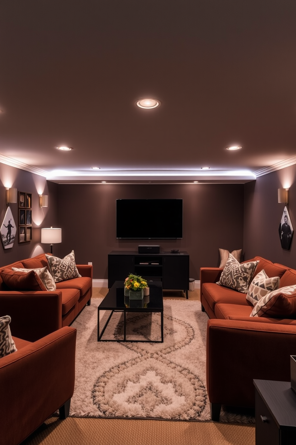 A cozy basement living room with mood lighting that creates a warm and inviting atmosphere. The space features dimmable fixtures strategically placed to enhance the ambiance and highlight key design elements. Plush seating options in rich fabrics invite relaxation, while a sleek coffee table sits at the center. A soft area rug anchors the space, adding texture and warmth to the room.