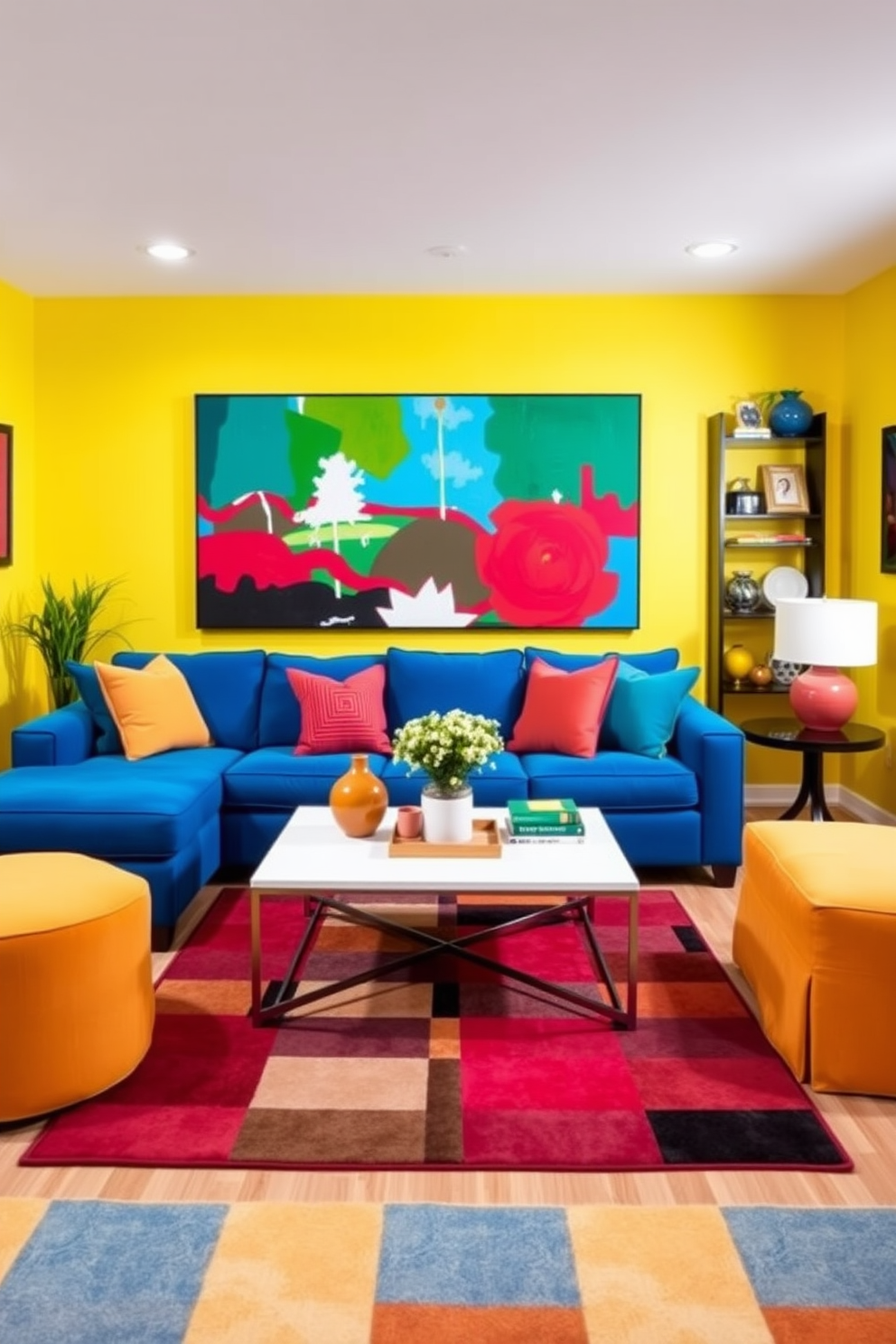 A vibrant basement living room filled with bright colors to energize the space. The walls are painted in a cheerful yellow, complemented by a bold blue sectional sofa adorned with colorful throw pillows. A large abstract painting featuring vivid reds and greens hangs above a sleek coffee table. A playful area rug with geometric patterns covers the floor, adding warmth and texture to the room.