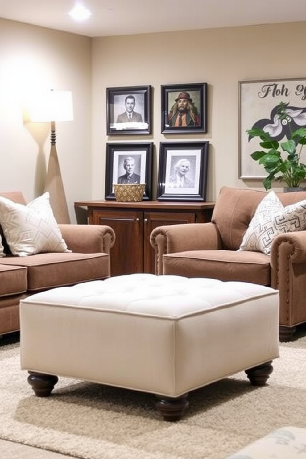 A cozy basement living room features a plush ottoman that serves as extra seating. The ottoman is upholstered in a soft, neutral fabric, complementing the warm tones of the surrounding decor.