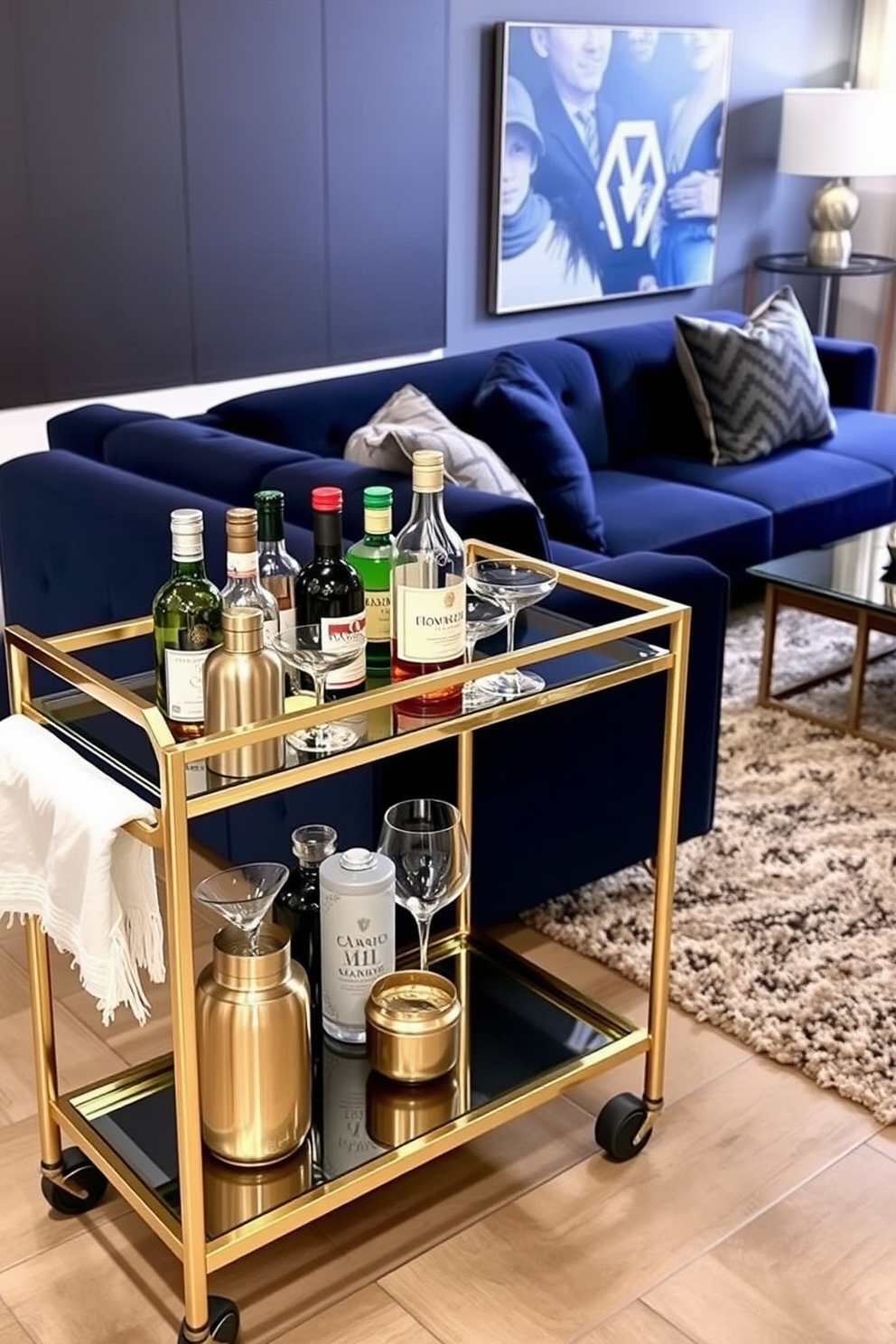 Chic bar cart for entertaining guests. The bar cart features a sleek gold frame with glass shelves, adorned with an array of premium spirits, elegant glassware, and a stylish cocktail shaker. Basement Living Room Design Ideas. The space is designed with a cozy sectional sofa in a rich navy blue, complemented by a plush area rug and modern accent chairs that invite relaxation and conversation.