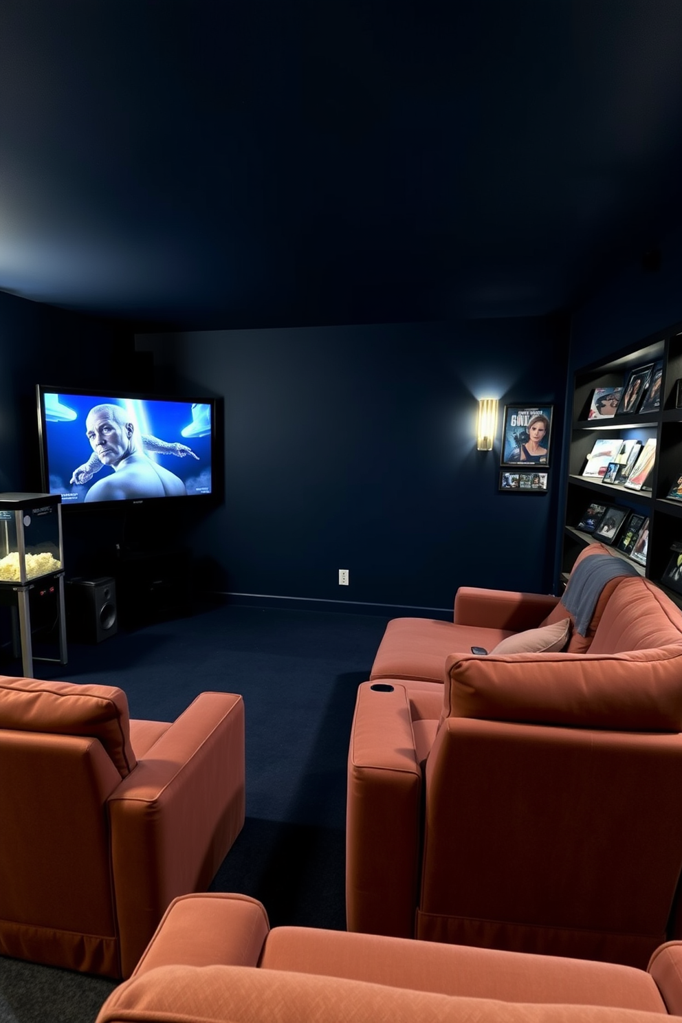 A cozy home theater setting featuring a large screen TV mounted on the wall. Plush seating is arranged in a semi-circle, with a dark, soft carpet underfoot and ambient lighting creating a warm atmosphere. The walls are painted in a deep navy blue, enhancing the cinematic experience. A popcorn machine stands in one corner, and shelves filled with movie memorabilia line the opposite wall.