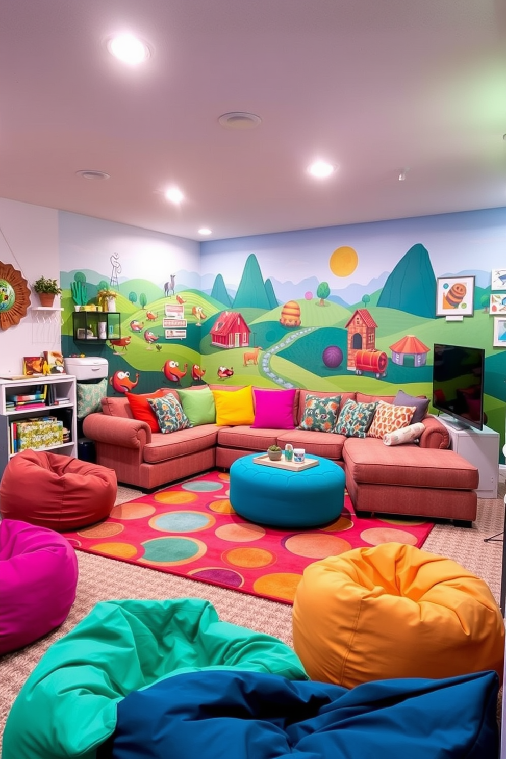 A vibrant basement living room filled with playful decor elements. The space features a colorful sectional sofa adorned with bright throw pillows and a whimsical patterned rug. A large wall mural depicting a fun landscape adds character to the room. Scattered bean bags and quirky art pieces create an inviting atmosphere for relaxation and entertainment.