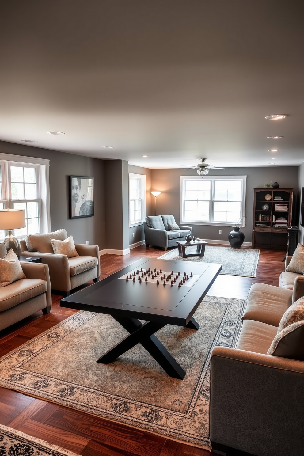 A multifunctional basement living room features a sleek game table at the center, surrounded by comfortable seating options. The walls are painted in a warm gray tone, and large windows allow natural light to fill the space, creating an inviting atmosphere. In one corner, a cozy reading nook is set up with a plush armchair and a small bookshelf, adding a touch of relaxation. The flooring is a mix of rich hardwood and soft area rugs, providing warmth and texture to the overall design.