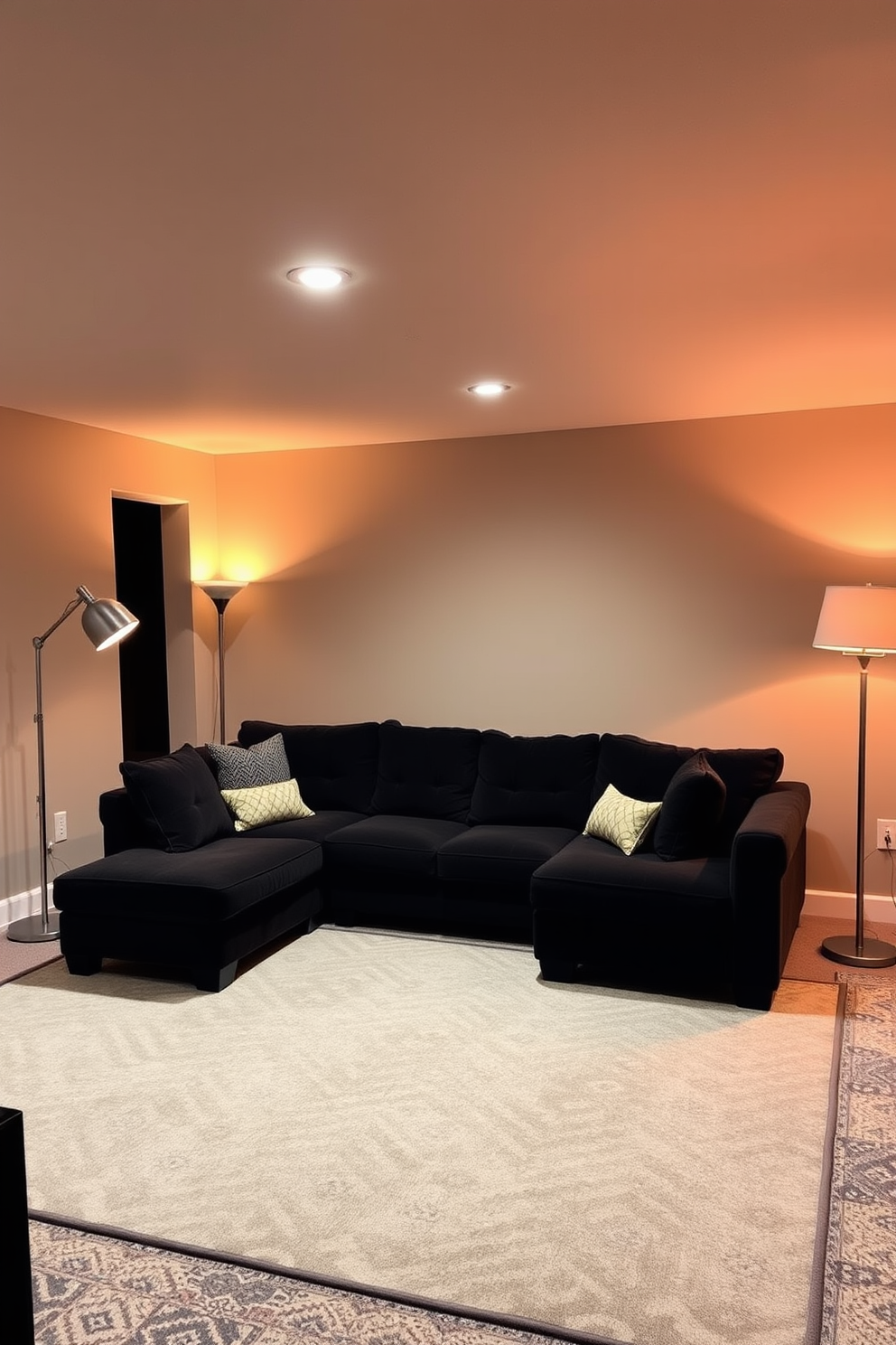 Warm lighting creates an inviting atmosphere in the basement living room. Stylish floor lamps with sleek designs are strategically placed to enhance the cozy ambiance. The walls are painted in a soft taupe color, complementing the plush, dark sectional sofa. A large area rug with geometric patterns anchors the seating arrangement, adding texture and warmth to the space.