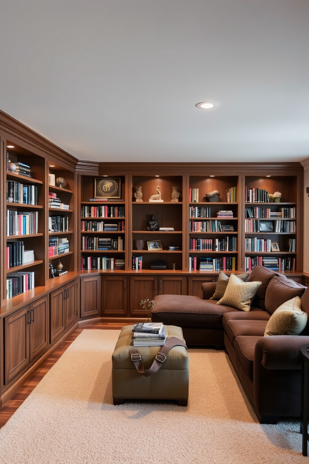 A cozy basement living room featuring built-in bookshelves that create a warm library ambiance. The shelves are filled with an array of books and decorative items, while a plush sectional sofa is positioned nearby for comfortable reading and relaxation.