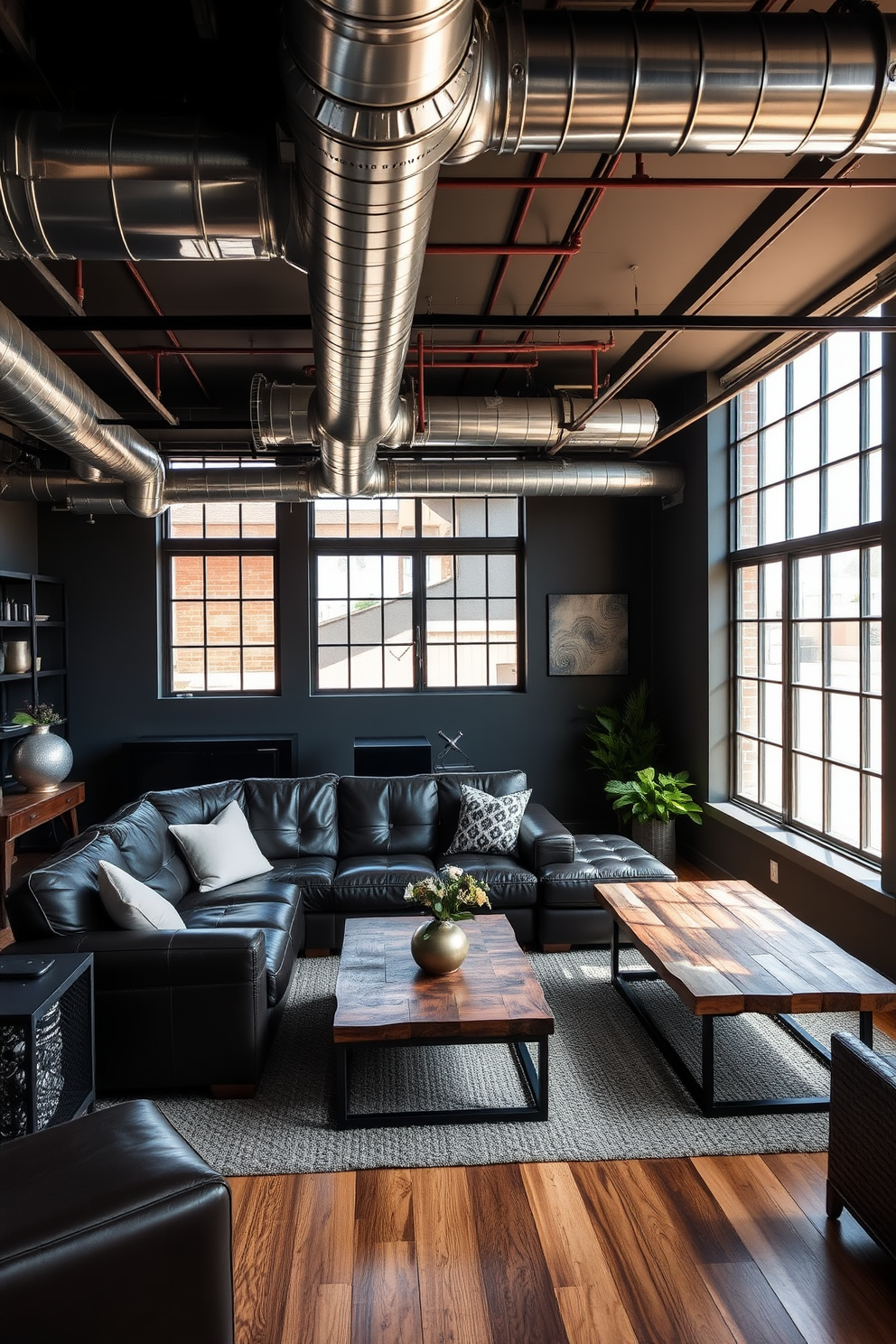 A cozy basement living room featuring industrial style with exposed ductwork. The space includes a large leather sectional sofa and a reclaimed wood coffee table, complemented by metal accents throughout. The walls are painted in a deep charcoal color, creating a dramatic backdrop. Large windows with black metal frames allow natural light to flood the room, enhancing the industrial aesthetic.