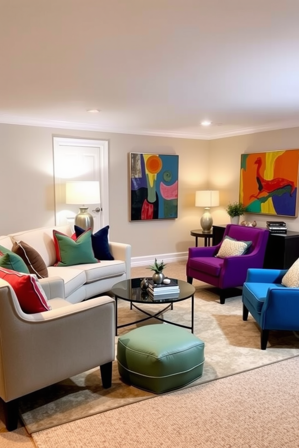 A cozy basement living room featuring a soft neutral palette with pops of color. The walls are painted in a light beige, complemented by a plush cream sofa adorned with colorful throw pillows. A stylish coffee table sits in the center, surrounded by a pair of vibrant accent chairs. A large area rug anchors the space, while artwork with bold hues adds visual interest to the walls.