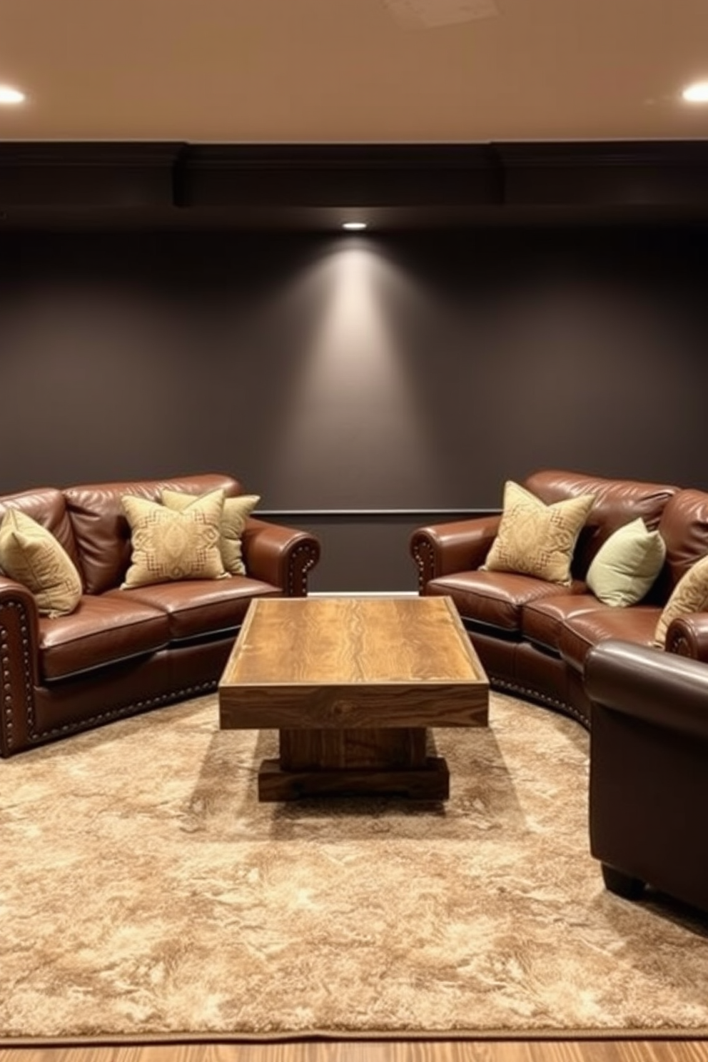 A cozy leather seating arrangement invites relaxation in a stylish basement man cave. The deep brown leather sofas are paired with plush throw pillows and a rustic wooden coffee table at the center. Soft ambient lighting creates a warm atmosphere, enhancing the inviting feel of the space. A large area rug adds texture and warmth, grounding the seating area in an otherwise sleek design.