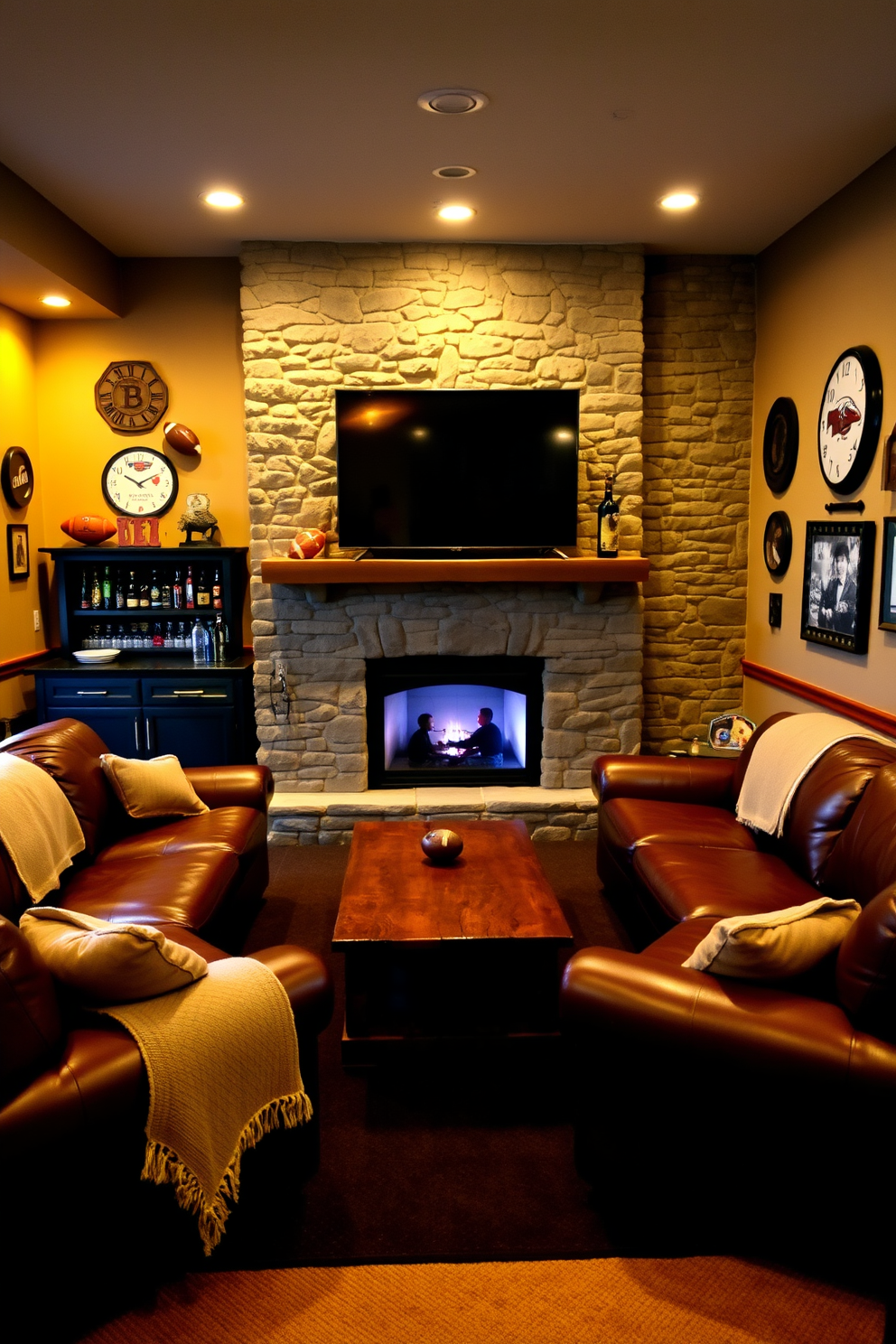 A warm and inviting basement man cave featuring a large stone fireplace as the focal point. Plush leather sofas are arranged around a rustic wooden coffee table, with soft throw blankets draped over the armrests. The walls are adorned with vintage sports memorabilia, and a large flat-screen TV is mounted above the fireplace. Ambient lighting creates a cozy atmosphere, while a mini bar stocked with drinks adds to the entertainment options.