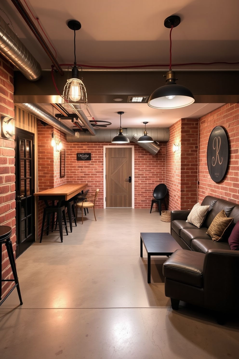 A stylish basement man cave featuring industrial lighting fixtures that enhance the modern aesthetic. The space includes exposed brick walls and a polished concrete floor, creating a trendy yet cozy atmosphere.