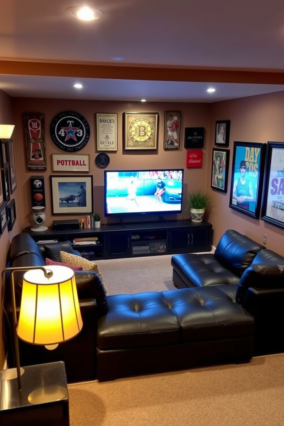 A cozy basement man cave designed for relaxation and entertainment. The space features a large sectional sofa in dark leather, facing a wall-mounted flat-screen TV with a sleek entertainment unit underneath. Personalized artwork adorns the walls, showcasing a mix of vintage sports memorabilia and abstract pieces that reflect the owner's personality. Ambient lighting is provided by stylish floor lamps and recessed ceiling lights, creating a warm and inviting atmosphere.