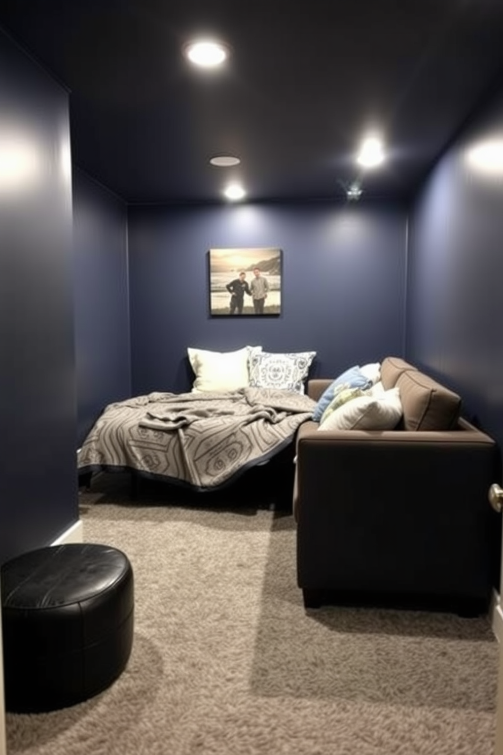 A cozy basement man cave featuring a stylish sofa bed that doubles as extra sleeping space. The walls are painted a deep navy blue, and the floor is covered with a plush gray carpet, creating a warm and inviting atmosphere.