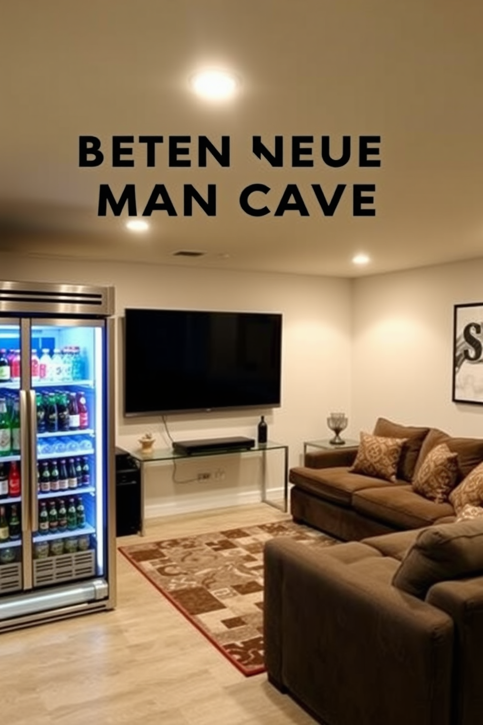 A stylish basement man cave featuring a modern refrigerator stocked with favorite beverages. The space includes a comfortable sectional sofa, a large flat-screen TV mounted on the wall, and ambient lighting that creates a cozy atmosphere.