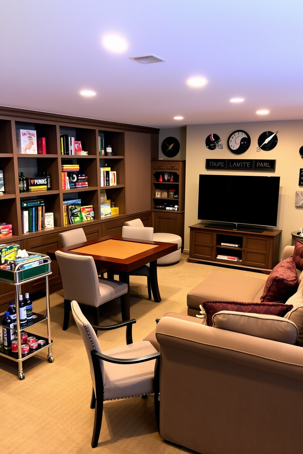 A cozy board game corner designed for family fun. The space features a large wooden table surrounded by comfortable upholstered chairs, with shelves filled with colorful board games and soft lighting creating a warm atmosphere. A stylish basement man cave designed for relaxation and entertainment. The area includes a plush sectional sofa facing a large screen TV, with a bar cart in the corner stocked with drinks and snacks, and sports memorabilia adorning the walls.