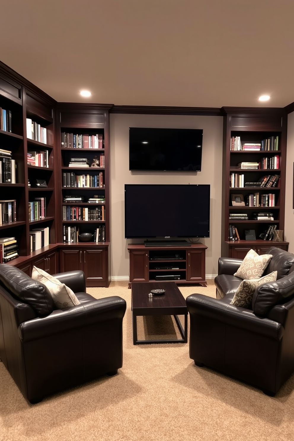 Custom shelving for books and decor. The shelves are built into the wall, made of dark wood with a smooth finish, showcasing a variety of books and decorative items. The basement man cave features comfortable leather seating arranged around a low coffee table. A large flat-screen TV is mounted on the wall opposite the seating area, creating an inviting space for relaxation and entertainment.