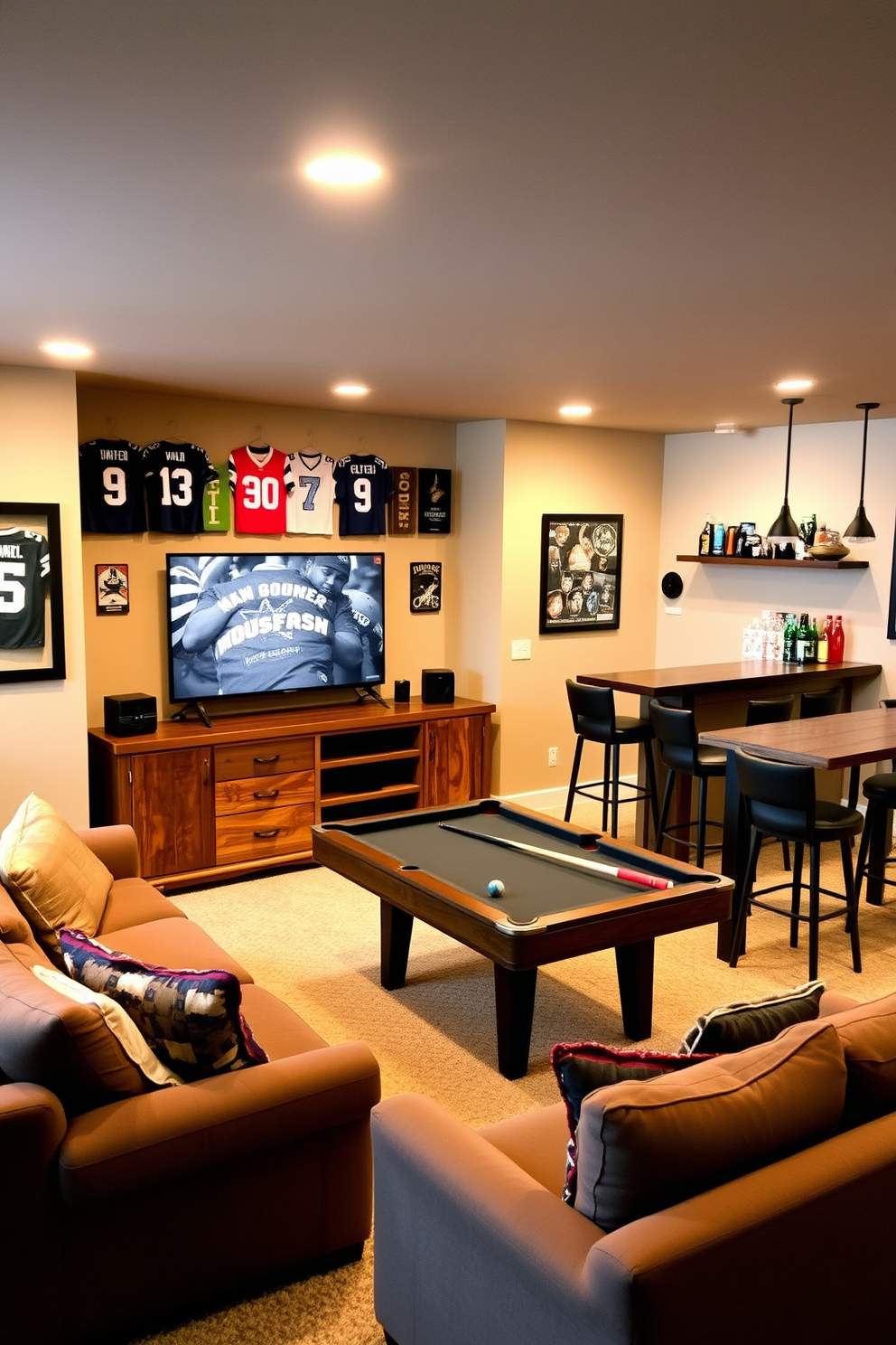 Create a cozy basement man cave that reflects a sports enthusiast's passion. The walls are adorned with framed jerseys and memorabilia, while a large sectional sofa faces a big-screen TV mounted above a rustic wooden entertainment center. In one corner, a sleek bar area features high-top stools and shelves stocked with favorite beverages. Soft lighting creates an inviting atmosphere, and a pool table occupies the center of the space, providing entertainment for friends and family.