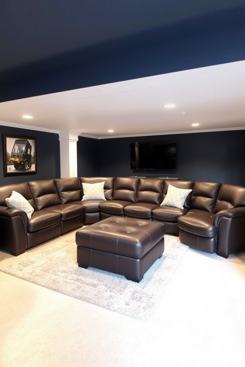 A spacious basement man cave features a large sectional sofa in a rich, dark leather, providing ample seating for friends and family. The walls are painted in a deep navy blue, creating a cozy and inviting atmosphere, while a plush area rug adds warmth underfoot.