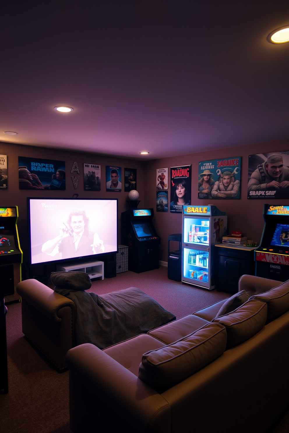 A cozy basement man cave featuring vintage arcade games lined against the walls. The space is illuminated by soft, ambient lighting, creating a warm and inviting atmosphere. A plush sectional sofa is positioned in front of a large screen for movie nights, with retro posters adorning the walls. A mini fridge stocked with snacks and drinks adds to the convenience and enjoyment of this nostalgic retreat.