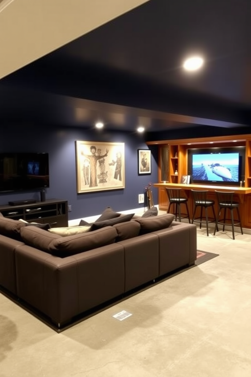 A cozy basement man cave featuring an accent wall painted in a bold navy blue. The space includes a large sectional sofa facing a sleek entertainment center with a mounted flat-screen TV. A rustic wooden bar with high stools sits against one side of the room, complemented by ambient lighting. The floor is covered with a plush area rug, adding warmth to the industrial-style concrete flooring.