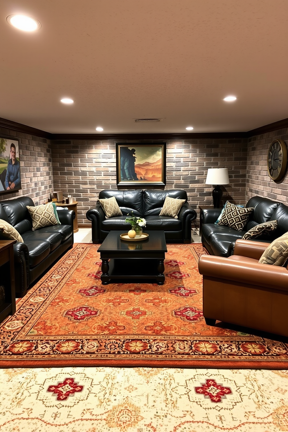 A cozy basement man cave featuring a plush area rug that defines the seating area. The rug is adorned with geometric patterns and rich colors, complementing the dark wood furniture and soft leather couches arranged around a central coffee table.