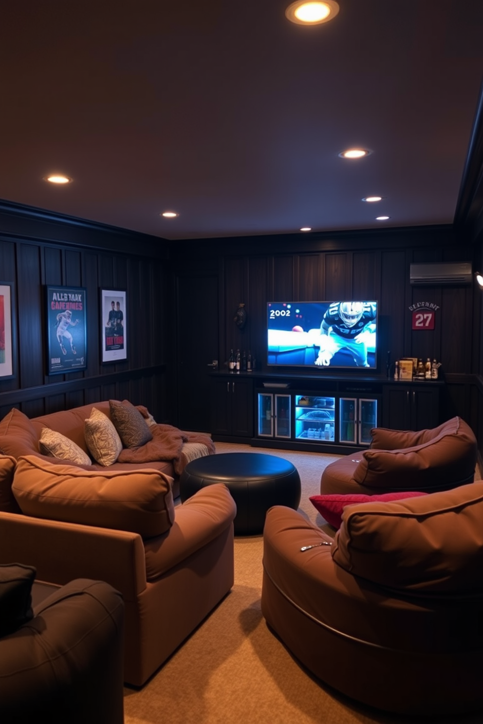 A cozy basement man cave designed for relaxation features soft mood lighting that casts a warm glow throughout the space. Plush seating arrangements with oversized sofas and bean bags invite comfort, while a sleek bar area stocked with drinks adds a touch of sophistication. The walls are adorned with dark wood paneling, creating an intimate atmosphere perfect for unwinding. A large flat-screen TV is mounted above a stylish entertainment center, while decorative accents like vintage posters and sports memorabilia enhance the personal touch.