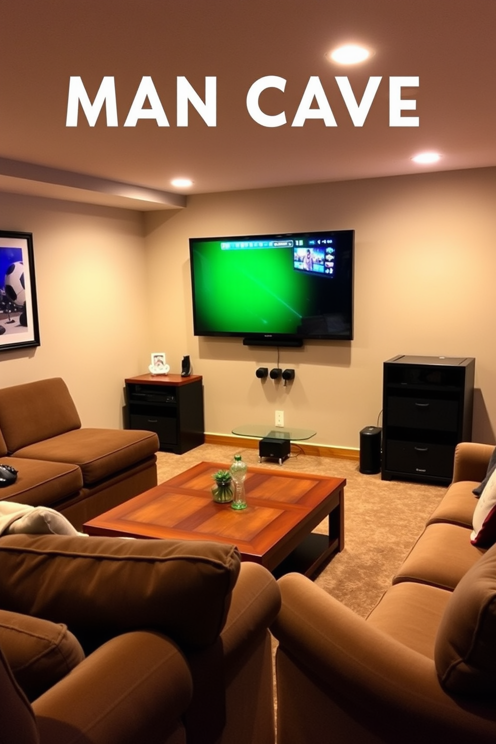 A cozy basement man cave featuring a wall-mounted TV positioned for optimal viewing angle. The space is designed with plush seating, a large coffee table, and ambient lighting to create a relaxing atmosphere.