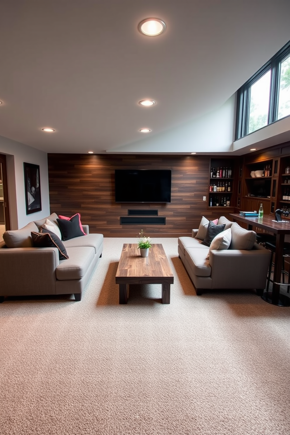 A stylish basement man cave designed for relaxation and entertainment. The space features a large sectional sofa facing a wall-mounted flat-screen TV, with a rustic wooden coffee table in the center. To the side, a bar area with high stools and shelves stocked with drinks creates an inviting atmosphere. Large windows provide outdoor access, allowing fresh air to flow into the room, enhancing the overall ambiance.