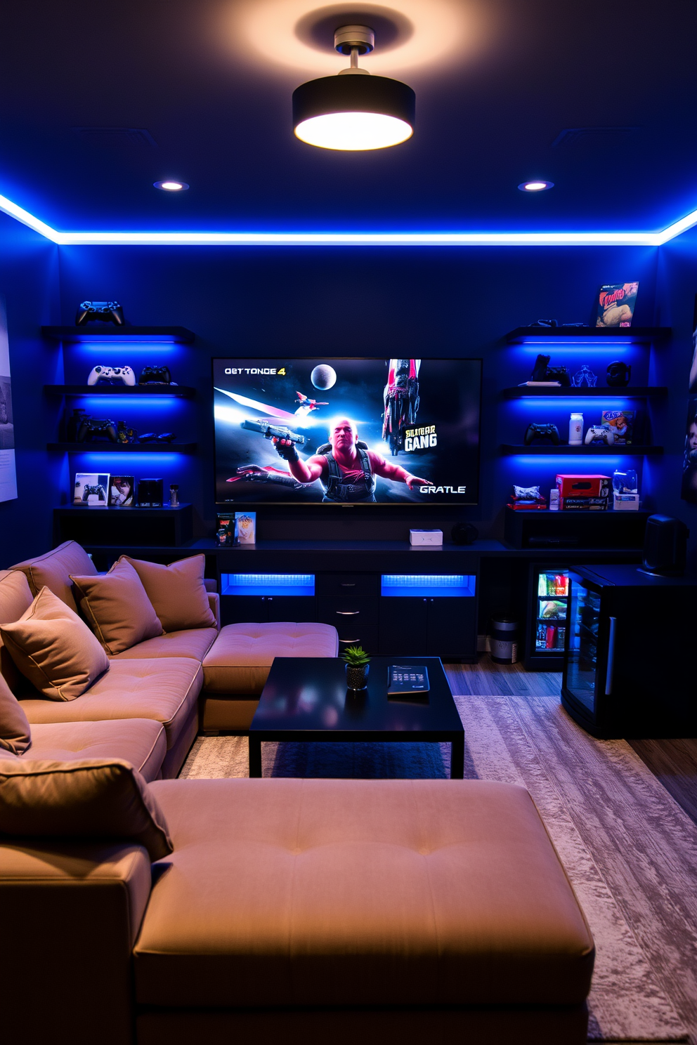 A cozy game console lounge area designed for gaming marathons. The space features a large sectional sofa adorned with plush cushions and a sleek coffee table in front of a massive wall-mounted TV. The walls are painted in a dark navy blue to create a relaxed atmosphere. Ambient LED lighting highlights the shelves filled with gaming memorabilia and a mini-fridge stocked with snacks and drinks.